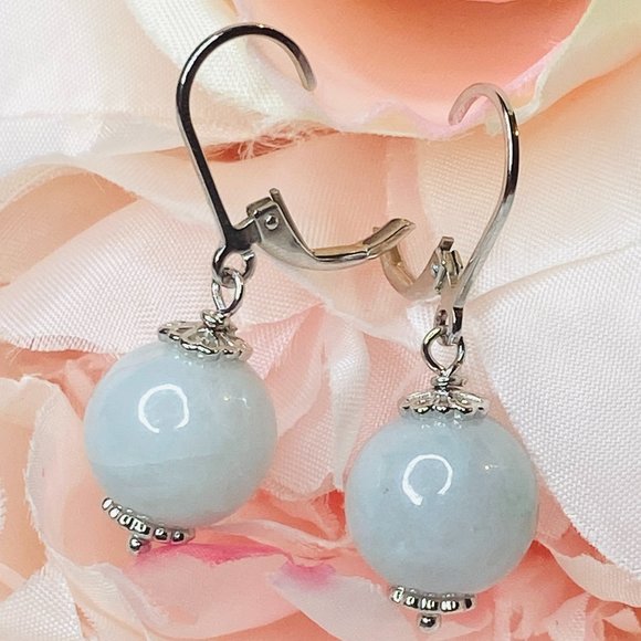 Sterling Silver Light Green Jade Drop Leverback Earrings - Picture 2 of 4